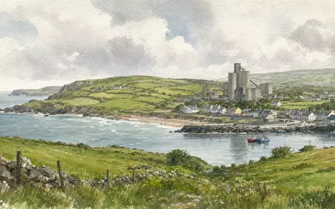 CRH plc (ISIN IE0001827041) hat Wurzeln in Irland, dargestellt als malerische Aquarell-Küstenlandschaft mit Werk - Foto: THN