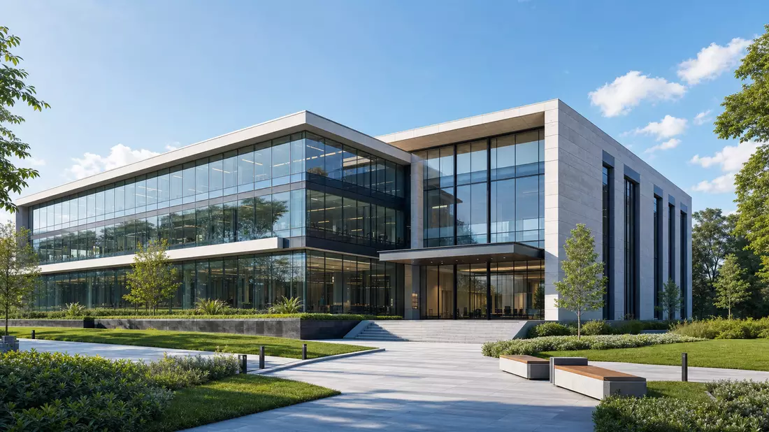 Architektur-Rendering eines modernen Glas- und Betongebäudes mit Grünflächen