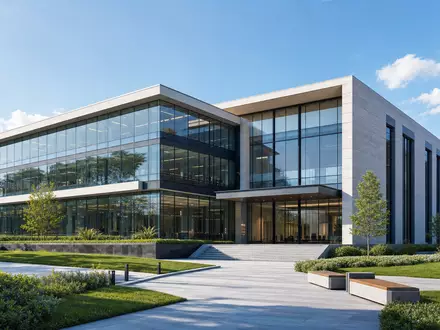 CRH plc (ISIN IE0001827041) symbolisiert moderne Baustoffe durch dieses schlichte Architektur-Render eines Bürogebäudes - Foto: THN