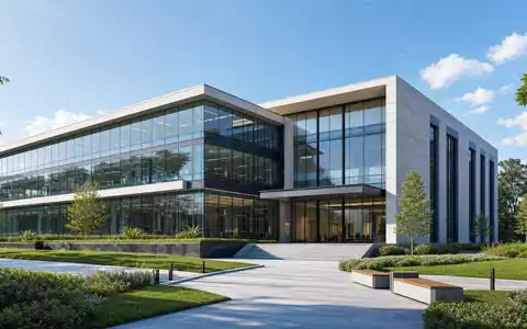 CRH plc (ISIN IE0001827041) symbolisiert moderne Baustoffe durch dieses schlichte Architektur-Render eines Bürogebäudes - Foto: THN