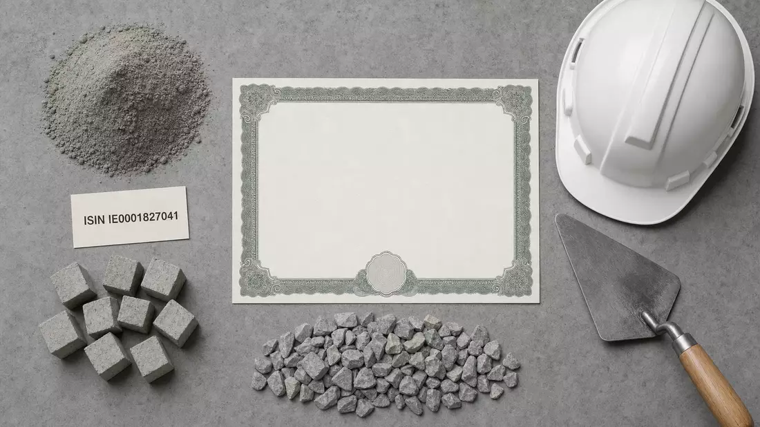 Flatlay mit Aktienzertifikat, ISIN-Karte, Zementpulver und Bauhelm auf Beton