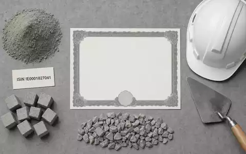 CRH plc (ISIN IE0001827041) illustriert dieses Flatlay mit Zertifikat, ISIN-Karte, Zement und Bauhelm - Foto: THN
