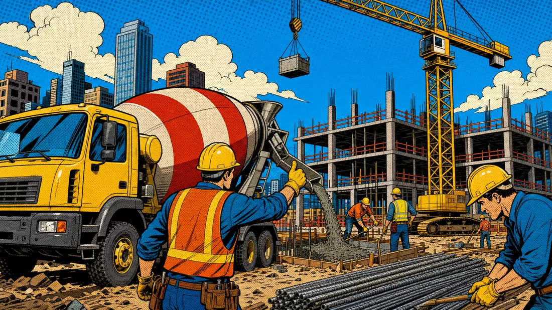Pop-Art-Comic-Illustration einer Baustelle mit Betonmischer, Kran und Arbeitern