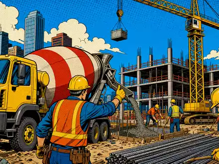 CRH plc (ISIN IE0001827041) wird hier als farbenfrohe Pop-Art-Comic-Szene einer belebten Baustelle gezeigt - Foto: THN
