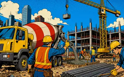 CRH plc (ISIN IE0001827041) wird hier als farbenfrohe Pop-Art-Comic-Szene einer belebten Baustelle gezeigt - Foto: THN