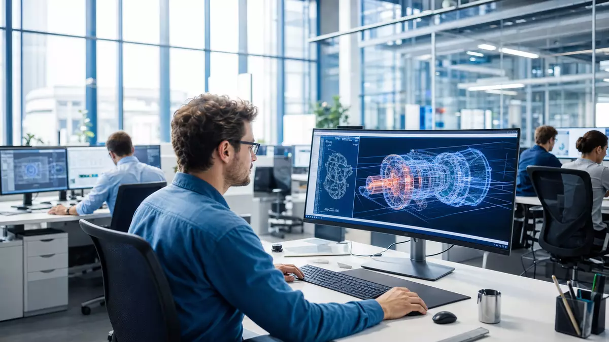 Ingenieure arbeiten an 3D-Wireframe-Modellen im modernen Software-Entwicklungsbüro
