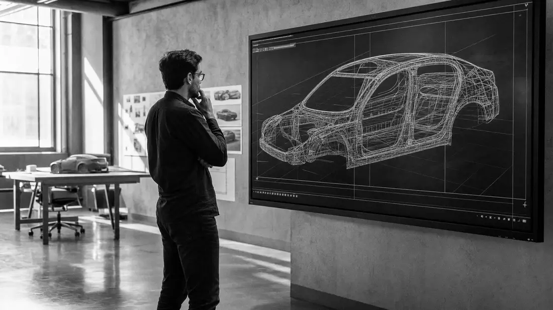 Schwarzweiß-Aufnahme eines Ingenieurs vor 3D-Wireframe-Fahrzeugmodell im Designstudio