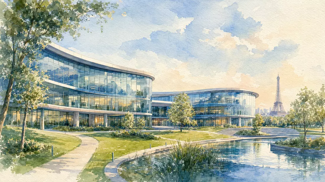 Aquarellmalerei eines modernen Glascampus mit Eiffelturm im Hintergrund bei Paris