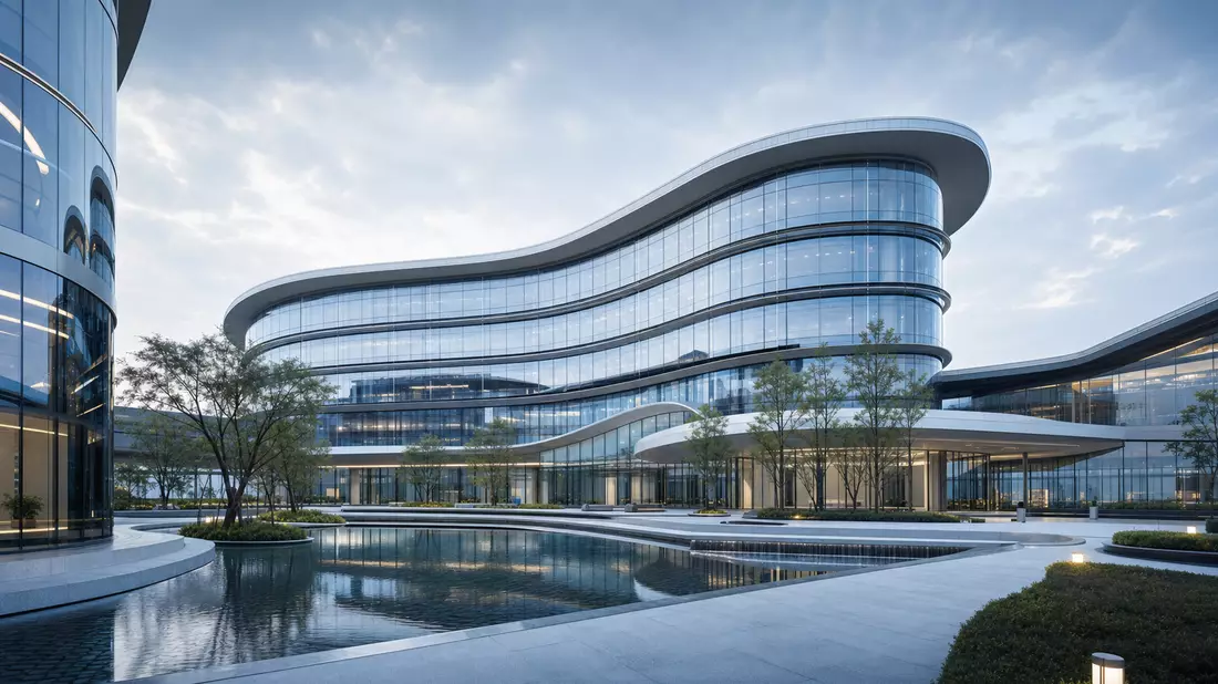 Architektur-Render eines geschwungenen Glasgebäudes mit Teich und Grünflächen davor