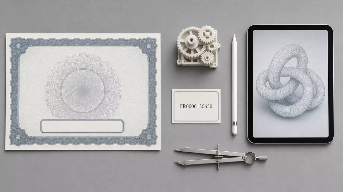 Flatlay mit Aktienzertifikat, ISIN-Karte FR0000130650, Zahnrad-Modell und Tablet