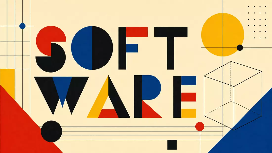Bauhaus-Poster mit geometrischen Formen und dem Wort Software in Primärfarben