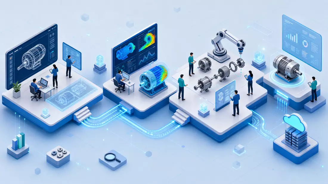 Isometrische 3D-Grafik einer digitalen Produktentwicklungskette mit virtuellen Modellen