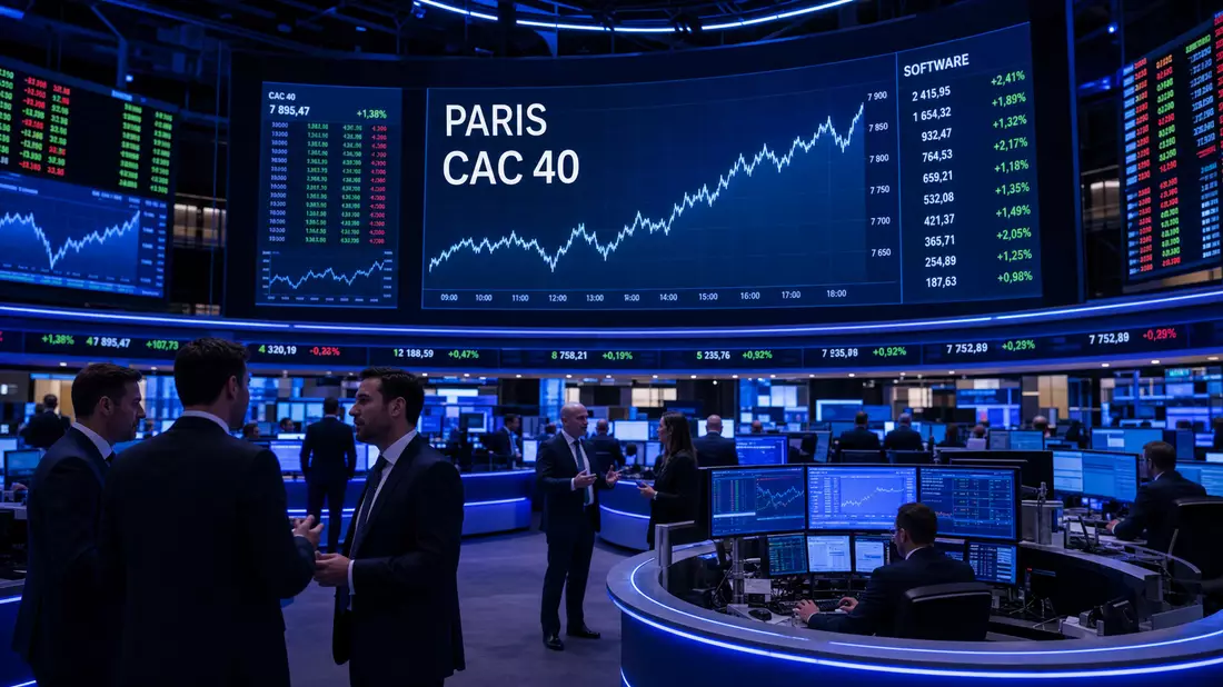 Börsen-Trading-Floor in Paris mit CAC 40 Charts und Software-Sektor-Kursen auf Bildschirmen