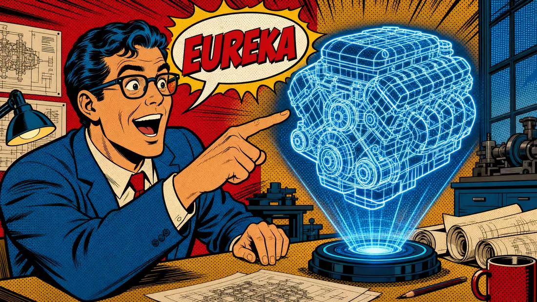 Pop-Art-Comic zeigt begeisterten Ingenieur vor leuchtendem 3D-Hologramm eines Motors