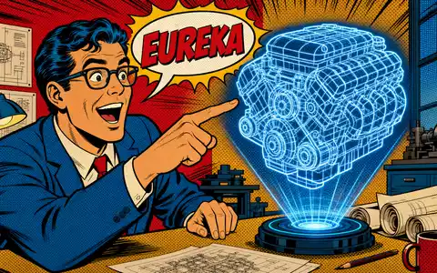 Dassault Systèmes SE (ISIN FR0000130650) inspiriert Innovation, comichaft dargestellt mit Ingenieur und holografischem Motormodell - Foto: THN
