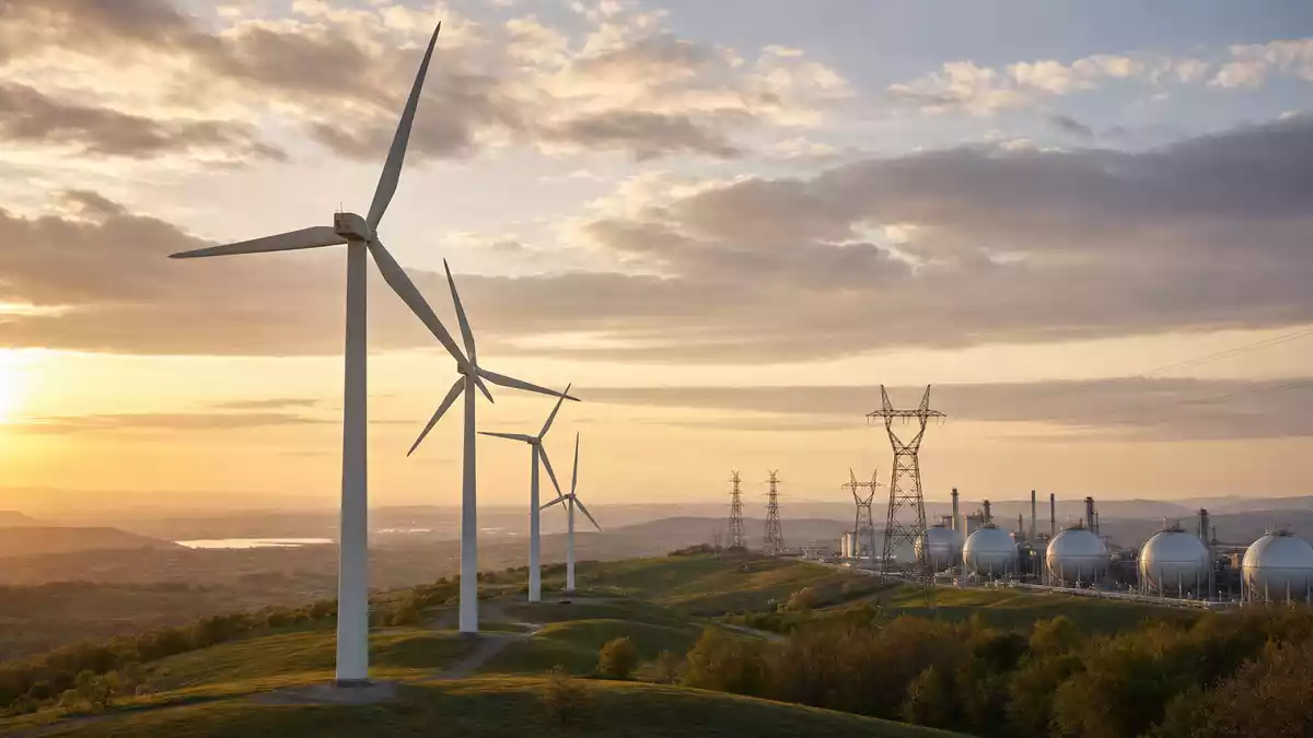 Windpark und Erdgas-Tanklager bei Sonnenuntergang, Energieinfrastruktur Frankreich