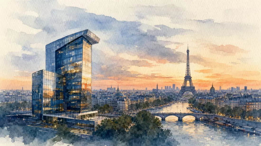 Aquarellmalerei von Pariser Skyline mit Eiffelturm und modernem Bürogebäude