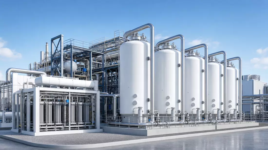 3D-Architekturrender einer modernen Wasserstoff-Produktionsanlage mit Tanks