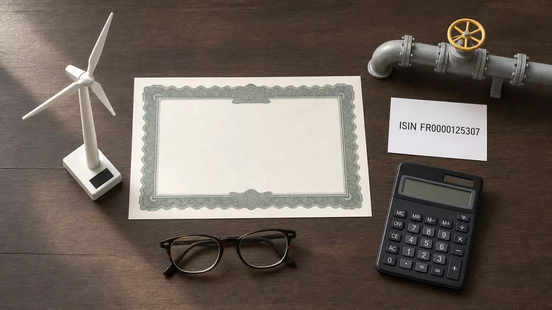 Flatlay mit Aktienzertifikat, ISIN-Karte und Miniatur-Windrad auf Holztisch