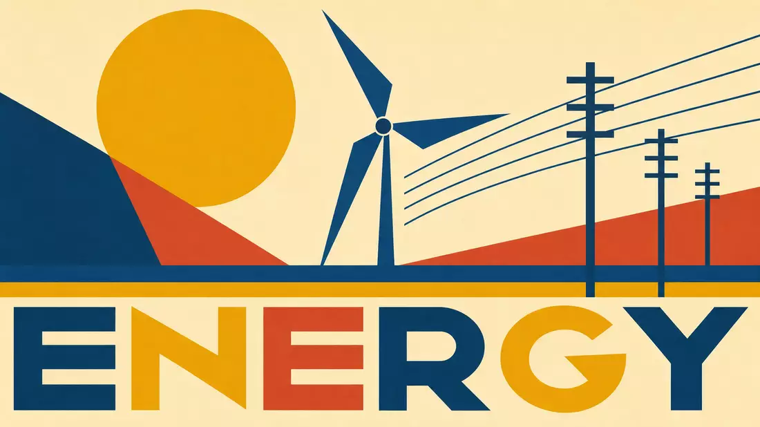 Bauhaus-Poster mit Sonne, Windrad und Strommasten sowie Schriftzug ENERGY