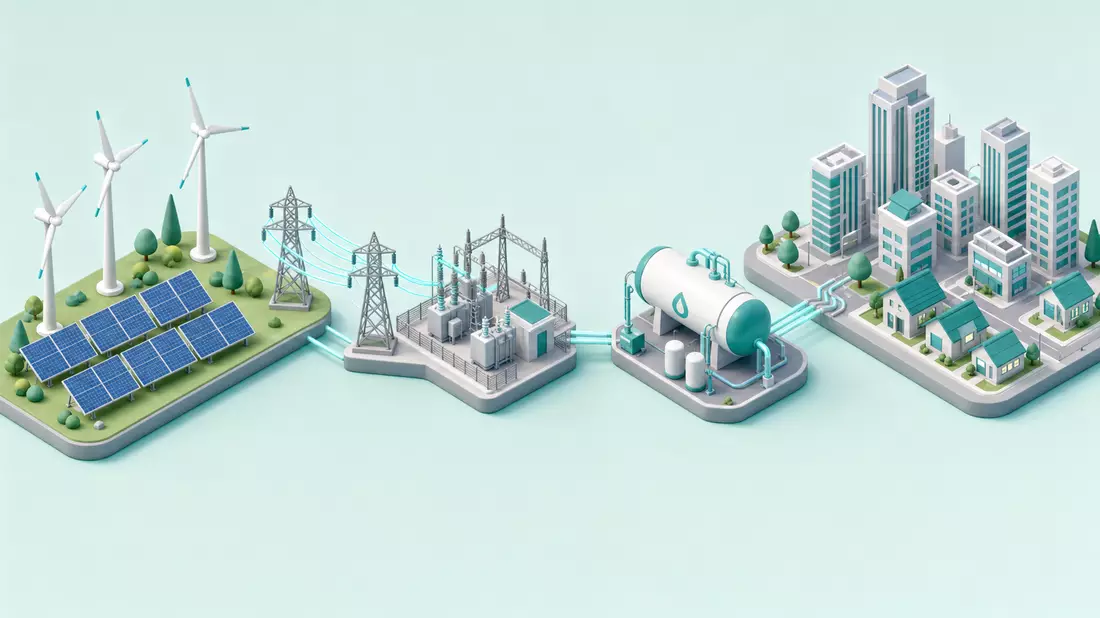 Isometrische 3D-Grafik der Energie-Wertschöpfungskette von Windrad bis Stadt