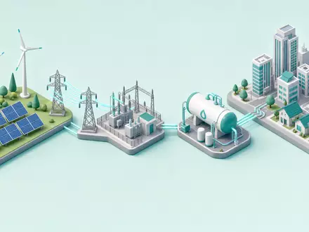 Engie SA (FR0000125307) verbindet Energieerzeugung und Verteilung entlang der isometrisch dargestellten Energie-Wertschöpfungskette bis zur Stadt - Foto: THN