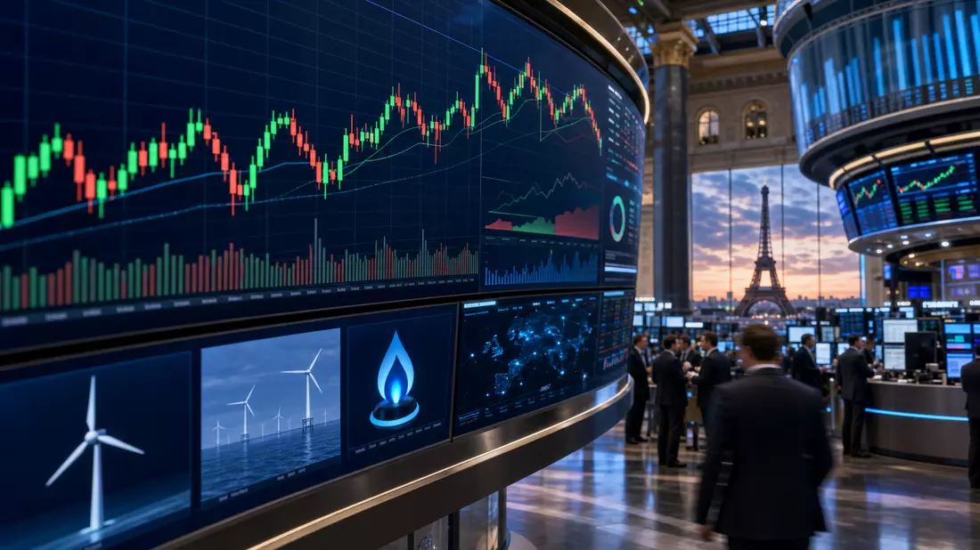 Börsen-Editorial: Trading-Floor Paris mit Energiecharts und Eiffelturm im Hintergrund