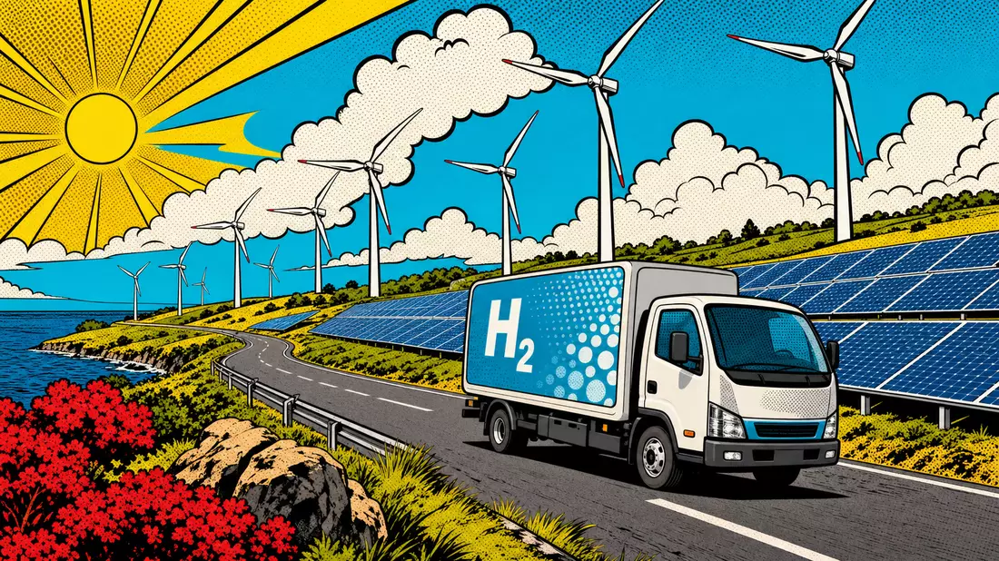 Pop-Art-Comic mit Wasserstoff-Lkw, Windrädern und Solarpark an Küstenstraße