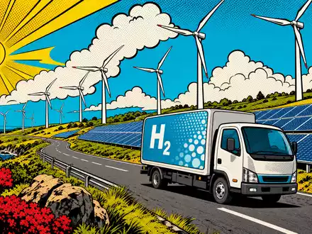 Engie SA (FR0000125307) fördert nachhaltige Wasserstoffmobilität, gezeigt in einer bunten Pop-Art-Comic-Szene mit Windpark und Solaranlage - Foto: THN