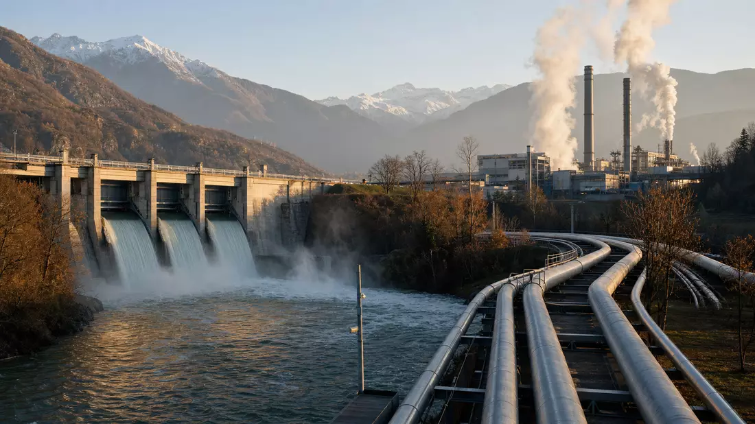 Fotorealistische Energieanlage mit Wasserkraft und Fernwärme, symbolisch für A2A S.p.A