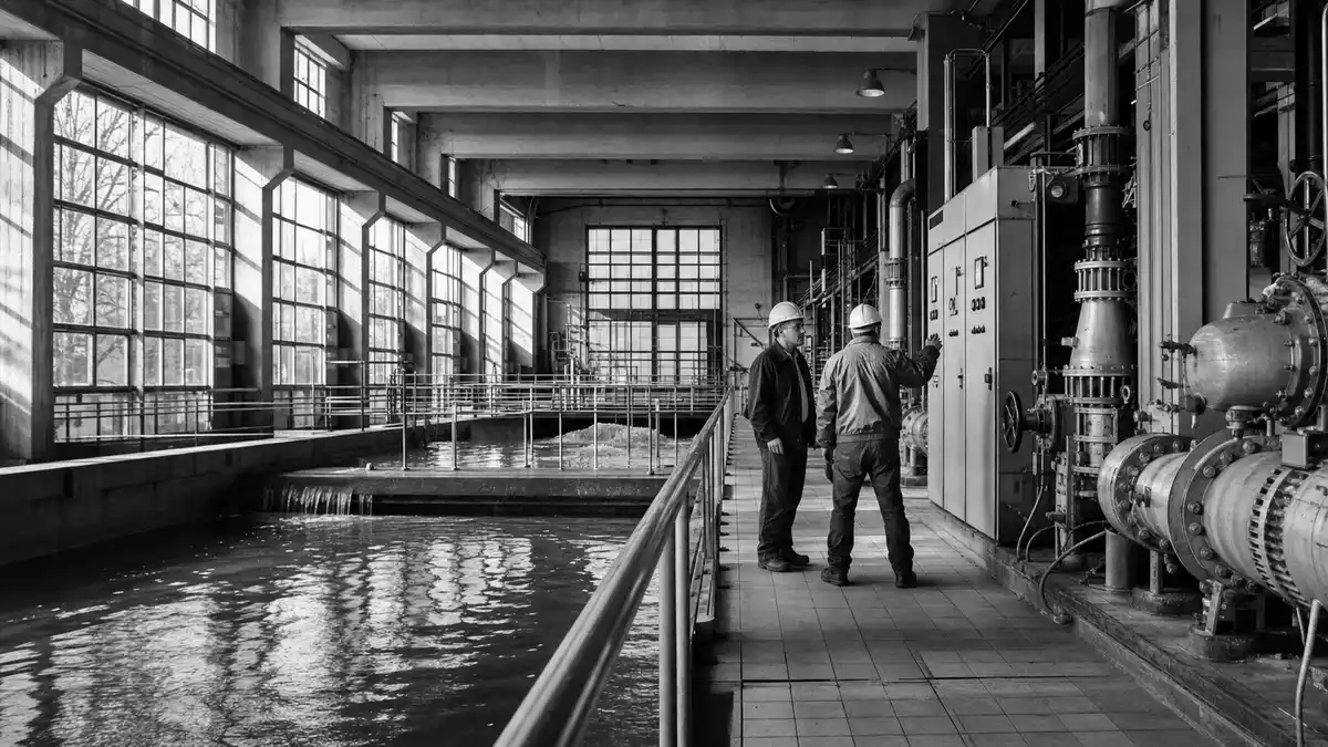 Dokumentarische Schwarzweißaufnahme einer Kraftwerks- und Wasseranlage in Norditalien