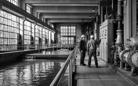 Schwarzweiß-Reportagefoto einer Kraftwerksanlage, passend zu A2A S.p.A., Wertpapier ISIN IT0001233417, italienischer Versorger - Foto: THN