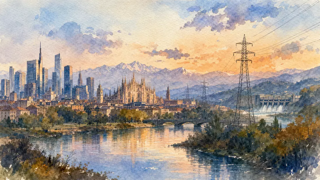 Aquarellbild der Mailänder Skyline mit Fluss und Energieinfrastruktur im Vordergrund