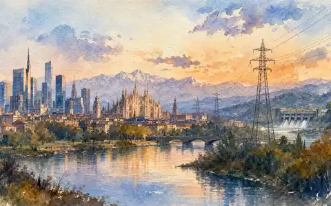 Aquarellmalerei der Stadt Mailand mit Energieinfrastruktur, künstlerisch für A2A S.p.A., ISIN IT0001233417, Multi-Utility-Konzern - Foto: THN