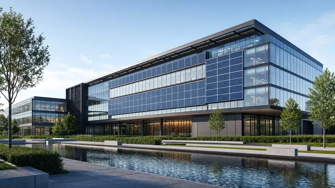 Architekturvisualisierung eines modernen Verwaltungsgebäudes mit Solarfassade und Wasserbecken