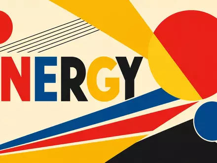 Bauhaus-Poster mit geometrischen Formen und Sektor-Text ENERGY, gestaltet für A2A S.p.A., ISIN IT0001233417, Versorgungsunternehmen - Foto: THN