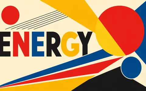 Bauhaus-Poster mit geometrischen Formen und Sektor-Text ENERGY, gestaltet für A2A S.p.A., ISIN IT0001233417, Versorgungsunternehmen - Foto: THN
