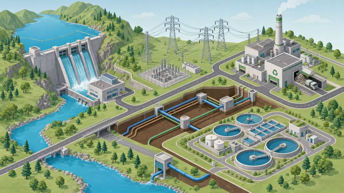 Isometrische 3D-Grafik zeigt Energieerzeugung, Verteilung und Abfallwirtschaft als Prozesskette