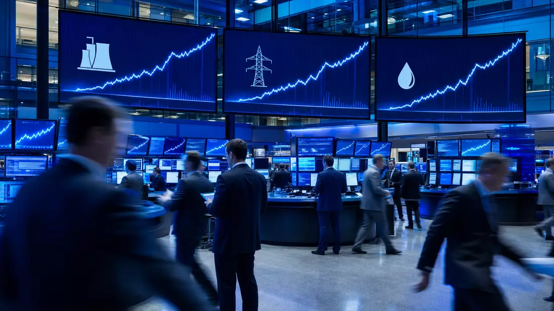 Editorial-Aufnahme eines Handelsraums mit Kursdiagrammen zu Energie- und Versorgeraktien