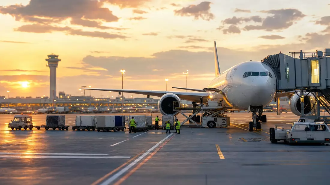Fotorealistisches Flugzeug am Gate bei Sonnenuntergang, Symbolbild Luftfahrt