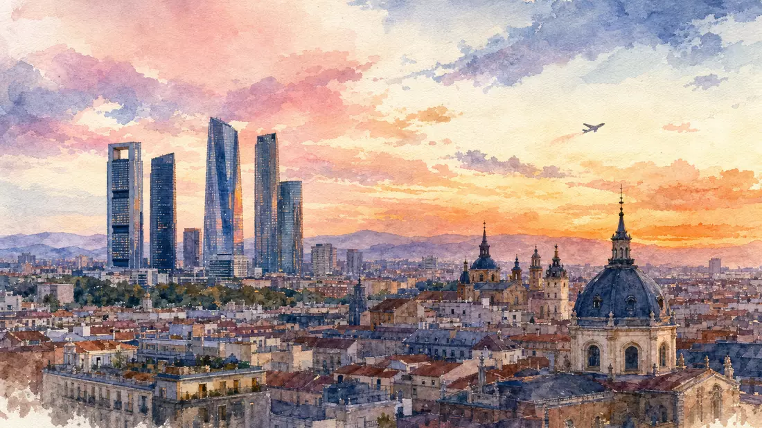 Aquarellmalerei der Madrider Skyline in der Abenddämmerung mit Flugzeugsilhouette