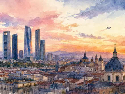 International Consolidated Airlines Group S.A. (ES0177542018): Aquarellbild zeigt die Madrider Skyline mit fernem Flugzeug - Foto: THN
