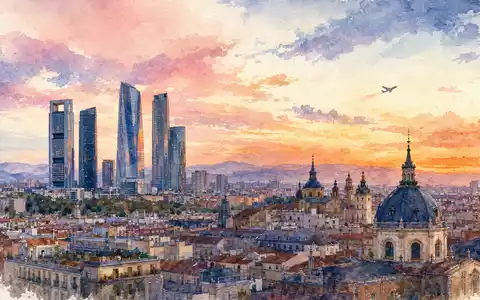 International Consolidated Airlines Group S.A. (ES0177542018): Aquarellbild zeigt die Madrider Skyline mit fernem Flugzeug - Foto: THN