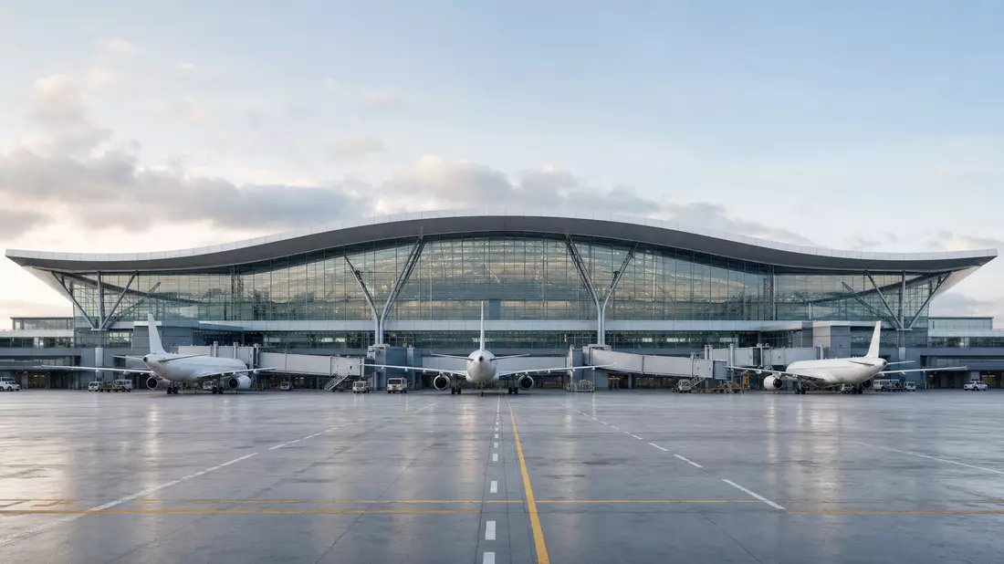 Architektur-Render eines modernen Flughafenterminals mit geparkten Flugzeugen