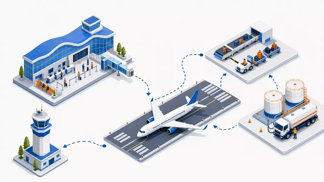 Isometrische 3D-Illustration einer Flughafen-Wertschöpfungskette mit Terminal und Flugzeug