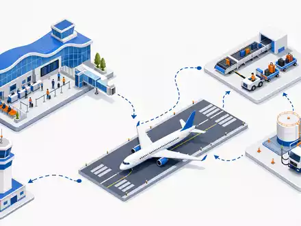 International Consolidated Airlines Group S.A. (ES0177542018): isometrisches 3D-Diagramm zeigt eine komplette Flughafen-Wertschöpfungskette - Foto: THN