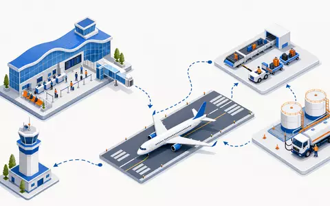 International Consolidated Airlines Group S.A. (ES0177542018): isometrisches 3D-Diagramm zeigt eine komplette Flughafen-Wertschöpfungskette - Foto: THN
