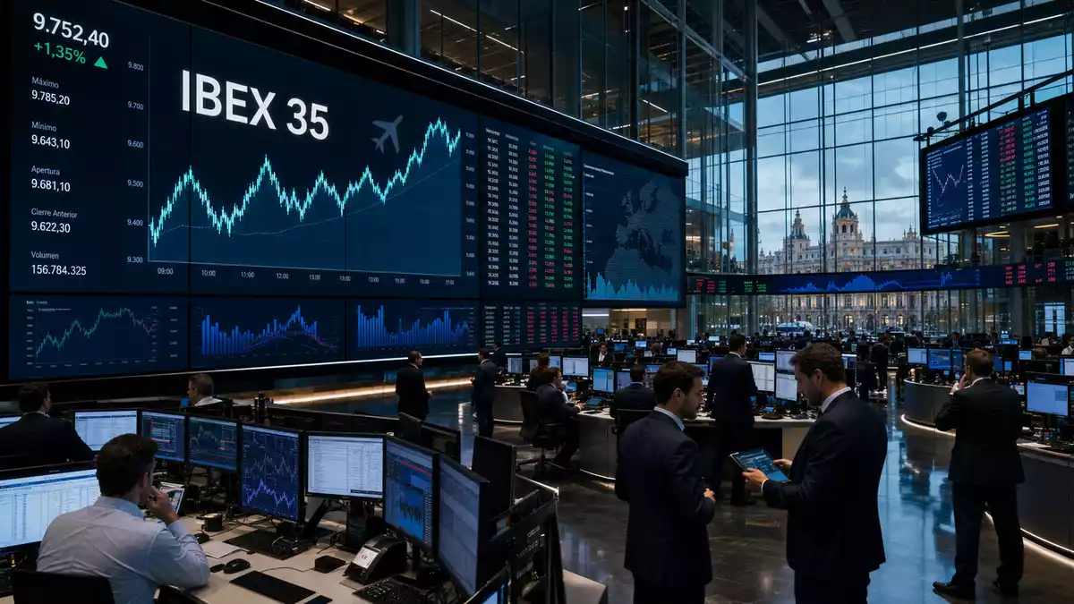 Börsen-Trading-Floor in Madrid mit IBEX-35-Charts und Flugzeugsymbol auf Bildschirmen