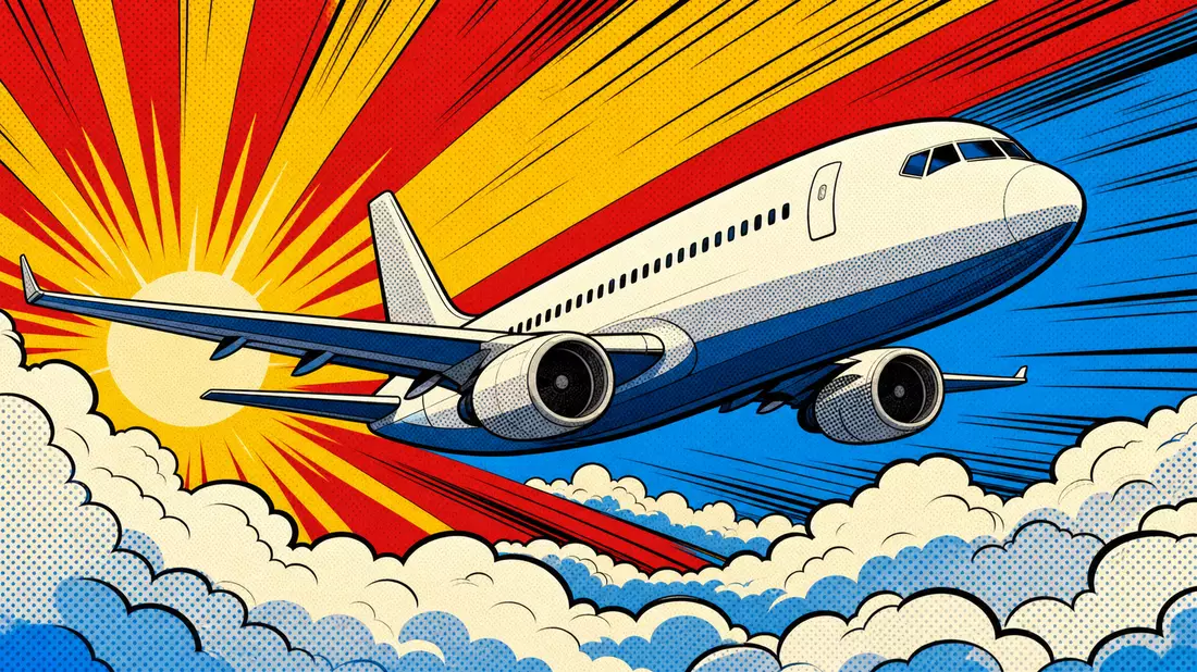 Pop-Art-Comic-Illustration eines Flugzeugs über Wolken mit Sonnenstrahlen im Hintergrund