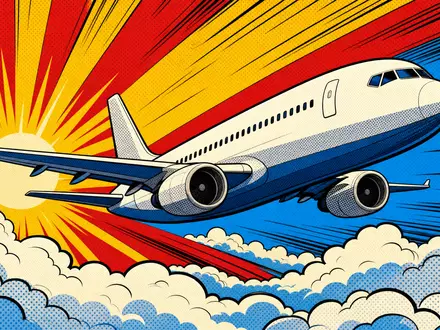 International Consolidated Airlines Group S.A. (ES0177542018): farbenfrohe Pop-Art-Comic-Szene zeigt ein Flugzeug über den Wolken - Foto: THN